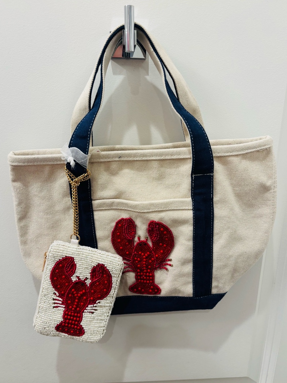 NWT Made in India Canvas Blue Lobster Applique Tote Bag with Beaded Coin Pouch